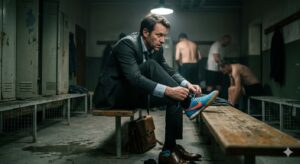 Muškarac cca 40 godina, vidno umoran od posla (blagi podočnjaci, fokusiran izraz lica). Ide na rekreaciju. Odjeća/Akcija: Sjedi na klupi