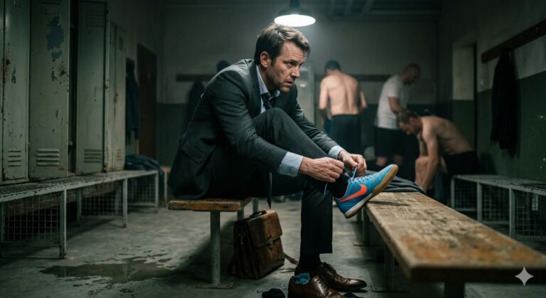 Muškarac cca 40 godina, vidno umoran od posla (blagi podočnjaci, fokusiran izraz lica). Ide na rekreaciju. Odjeća/Akcija: Sjedi na klupi