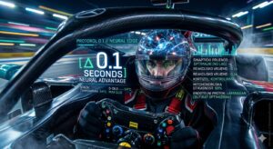 F1 vozač u kokpitu s digitalnim overlay-om neurološkog skeniranja i telemetrijom 0.1 sekunde prednosti - Protokol 0.1 Dr. Jakovljević