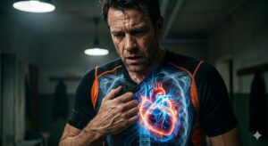 Krupni kadar znoja i napora muškarca koji se drži za prsa, s anatomskim prikazom srca koje svijetli plavom i crvenom aurom, simbolizirajući srčani stres i manjak magnezija.
