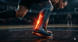 X-ray vizualizacija ljudske noge u sprintu, s Ahilovom tetivom koja svijetli jarko crvenom bojom, prikazujući biokemijsku napetost i rizik od rupture.